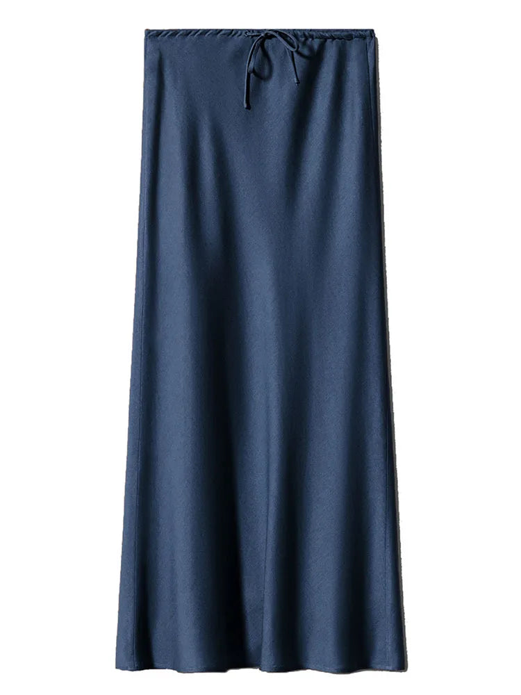 Bela Satin Maxi Skirt from Shop the Kei - a deep blue patriotic and business appropriate color option we named Night