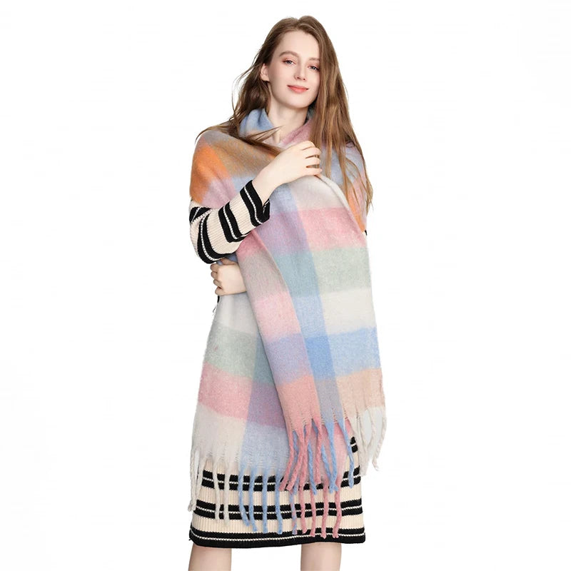 Woman wearing a colorful scarf with her dress