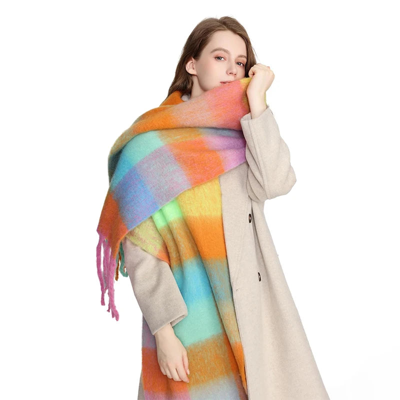 Woman wearing a colorful Cheerful Plaid scarf with her coat