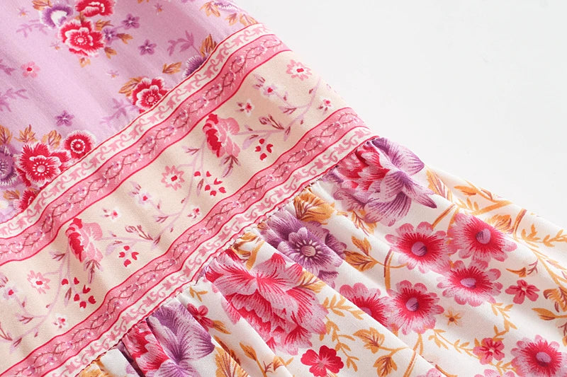 Birdie Summer Midi Skirt from Shop The Kei - pink skirt closeup detail of floral print pattern, and natural fiber textile texture