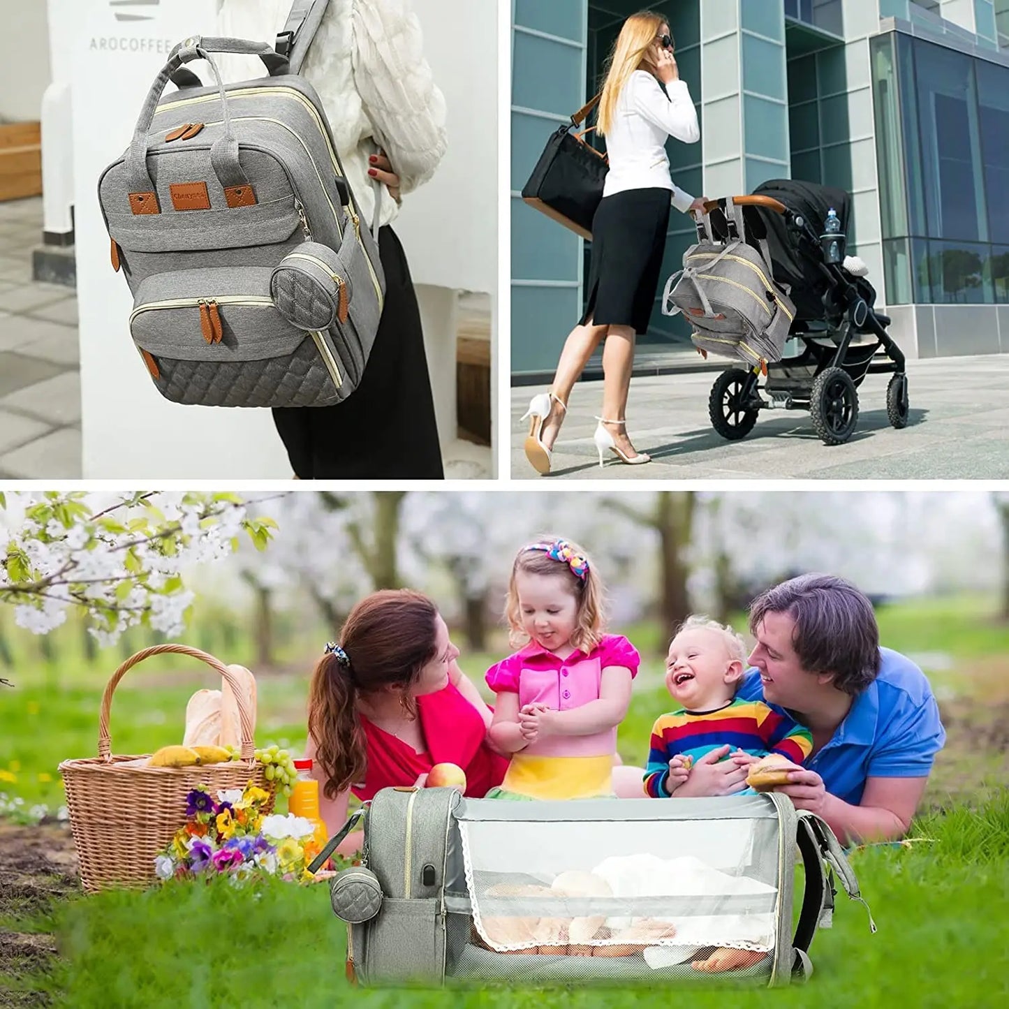 Gray Lotus 3-in-1 Bassinet Diaper Bag backpack with orange leather accents, in use at family picnics, for work, and traveling on a stroller.