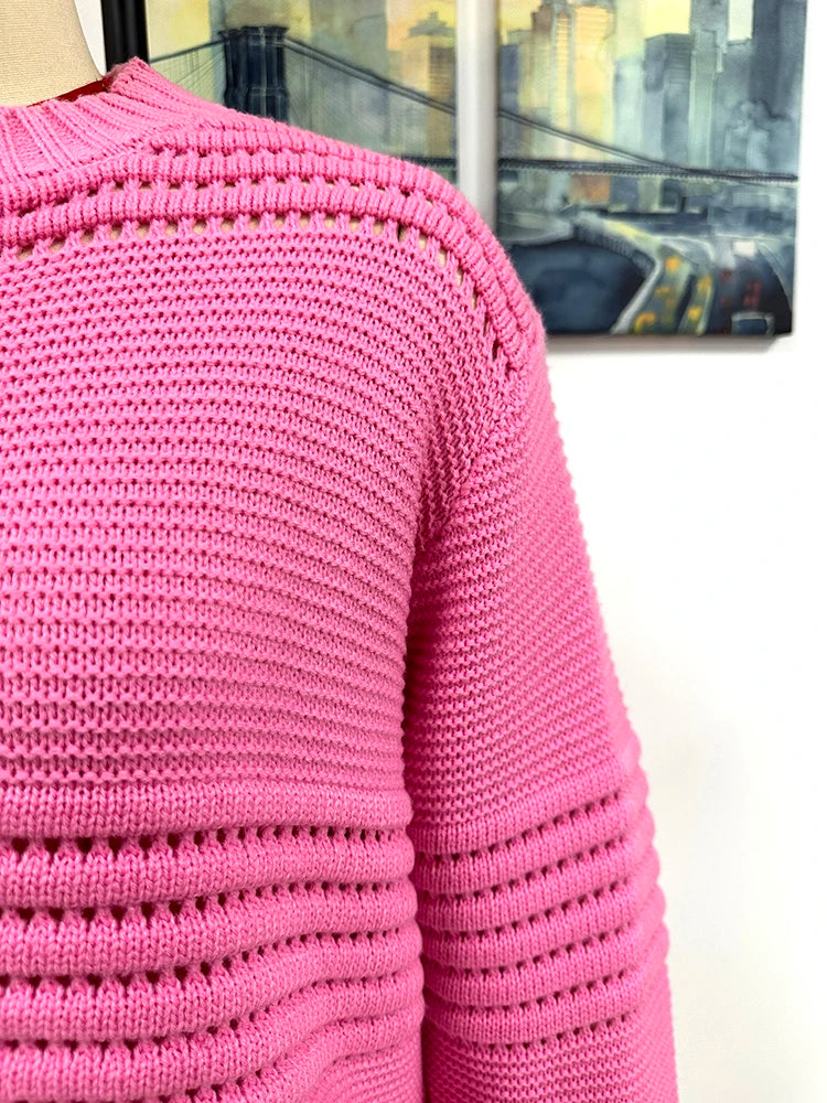 Lea Sweater from Shop the Kei - Close up detail of the rib knit trim neckline, variegated stripe knit pattern, yarn softness and texture are displayed in this image