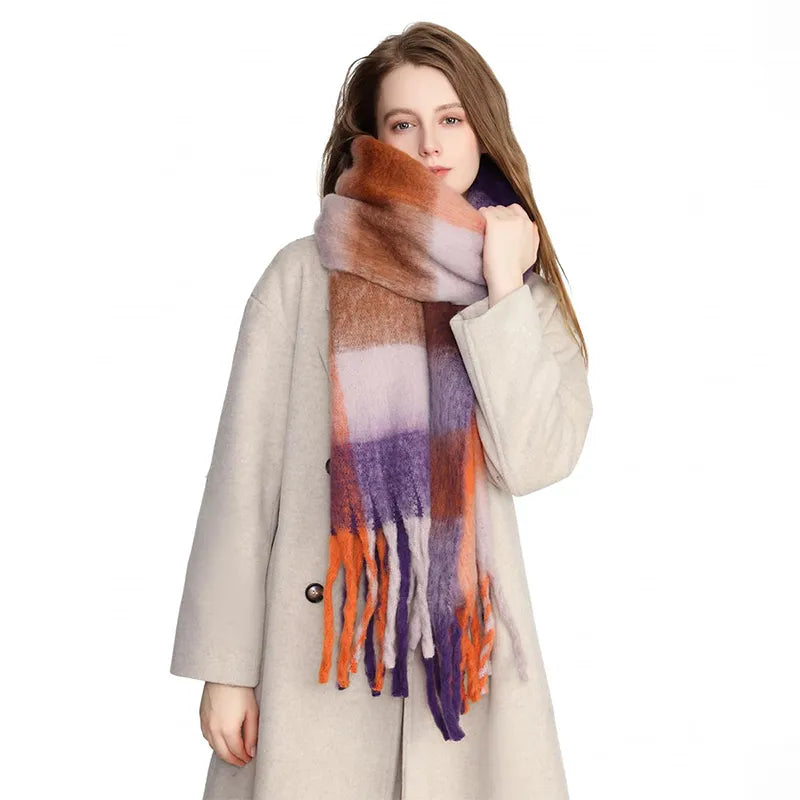 Woman wearing a colorful scarf with her coat