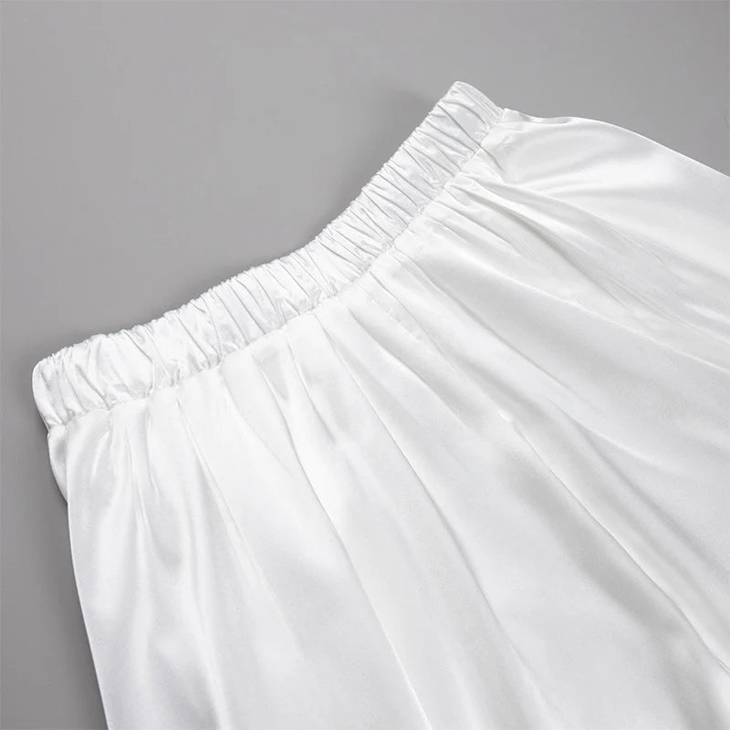 Amber Satin Maxi Skirt from Shop the Kei - close up of stretch waistband and satin textile texture