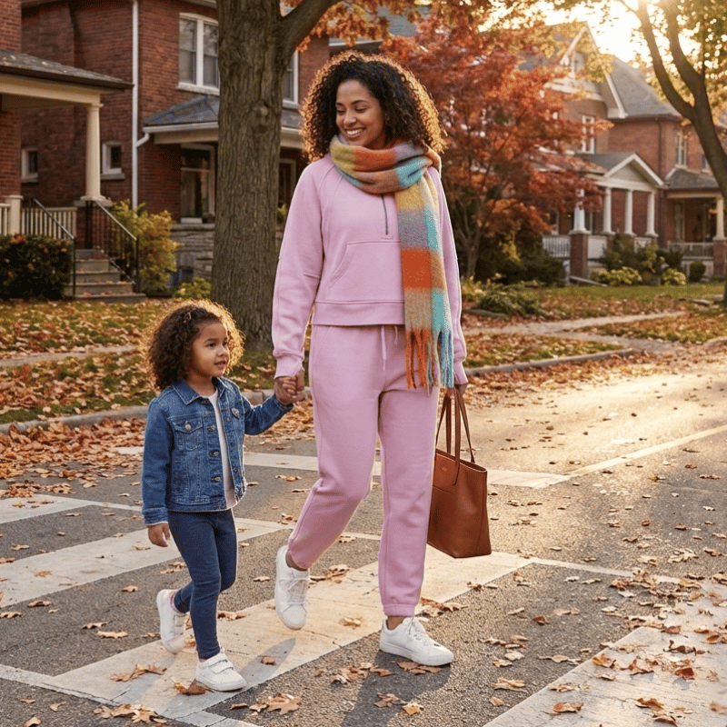 Woman and child walking together on a sidewalk with autumn leaves and houses in the background. She wears Cheerful Plaid