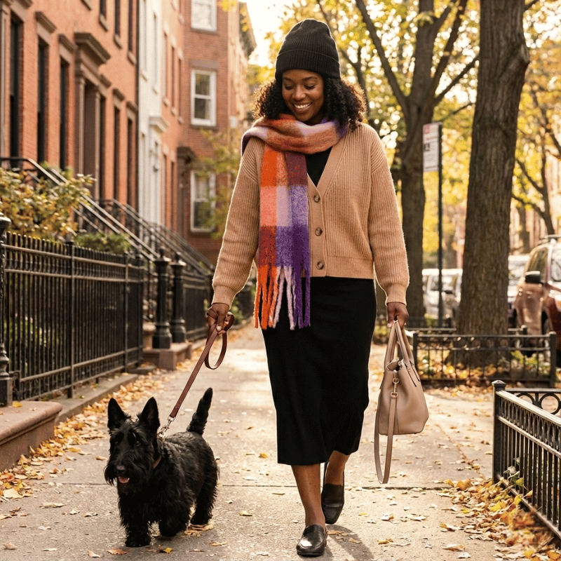 Woman walking a dog on a city street in autumn. She wears Wanderlight Plaid