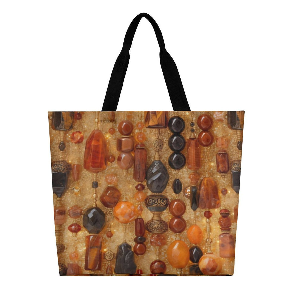 A tote bag with black handles, featuring a detailed print of various polished gemstones and crystals in warm earthy tones of orange, brown, and black on a textured gold background.