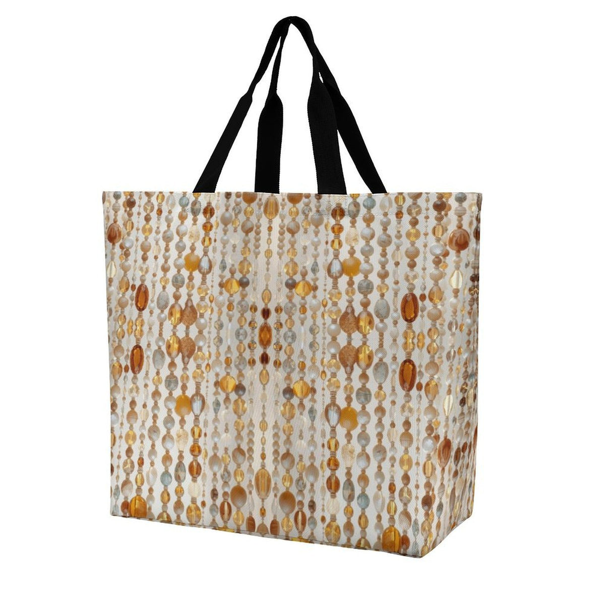 A large tote bag featuring a vertical beaded print in shades of gold, brown, and gray on a cream background, with black shoulder straps, shown against a plain white background.