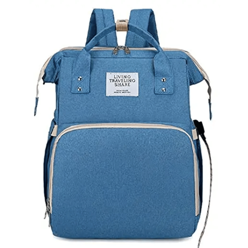 Blue Lotus 3-in-1 Bassinet Diaper Bag with cream trim zippers, wide backpack straps, and multiple compartments for baby essentials. Partial canopy available