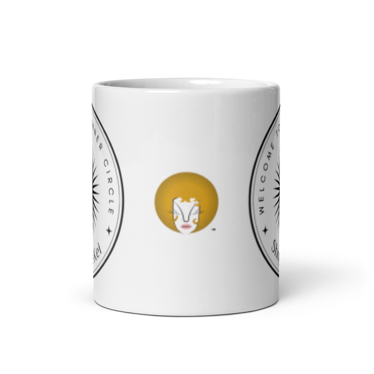 Center of the Inner Circle Mug showing the Golden Crown avatar, a bright face with a golden afro, between the two sunburst emblems