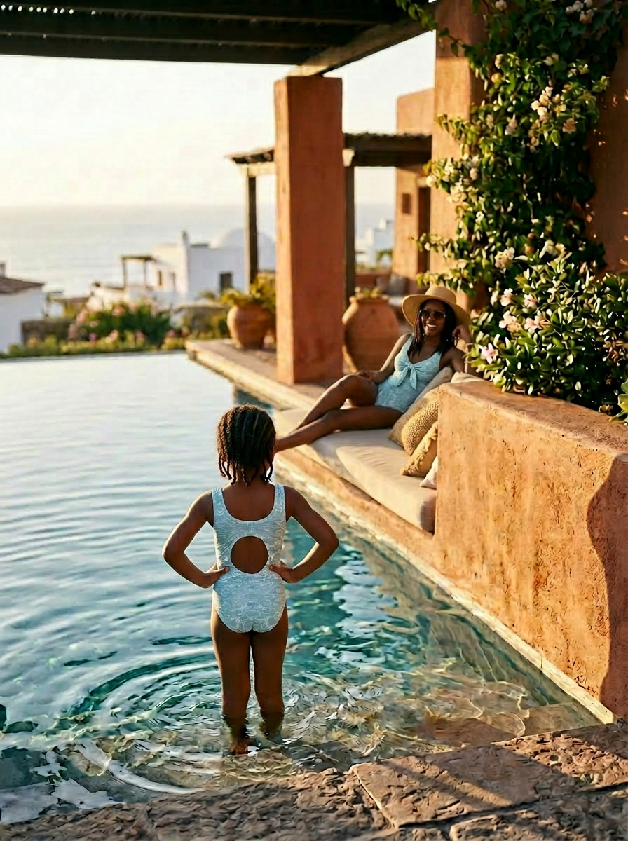 Mother and daughter matching in Solara One Piece swimsuits in Cenote print poolside – Shop the Kei family swim collection