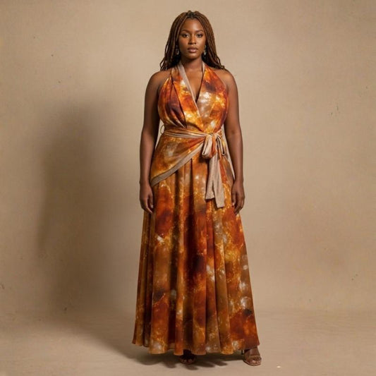 Amber Jewels Wrap Halter Neck Maxi Dress, an anchor piece for a vacation capsule wardrobe