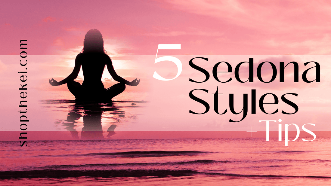 Dark silhouette of a woman meditating on a pink sun set beach with the title "5 Sedona Styles and Tips" to the right