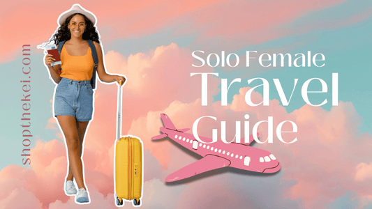 Cover of Solo Female Travel Guide featuring a smiling woman in an orange top and denim shorts, standing with a yellow suitcase against a soft pastel sky background with a pink airplane, showcasing adventure and empowerment