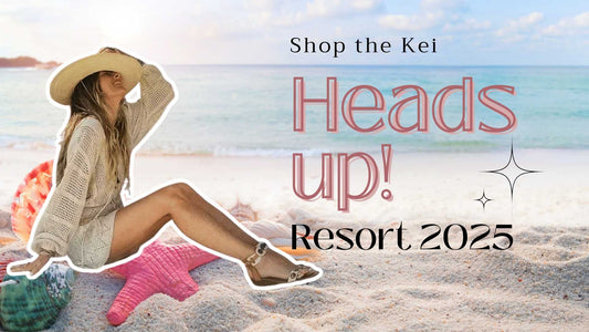 Sticker of a woman at the beach holding her head up with a straw hat. She wears our crochet tunic with matching beige sandals. Shop the Kei Resort 2025 blog cover