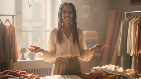Kei Kucera stands smiling at her work table with her arms outstretched. In a softly lit fashion studio. The feeling is warm and welcoming.