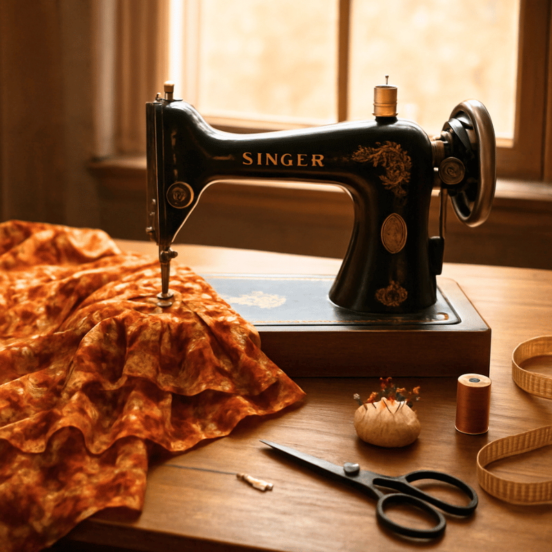 Lifestyle image of a black and gold Singer sewing machine with tailors tools laid on the table and amber colored chiffon fabric being sewn