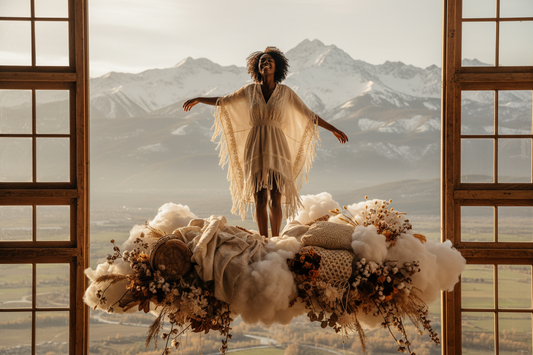 a joyful young black woman standing on cloud 9. Earthy textures. Warm, natural sun glow. Mountainous background through large wood framed windows