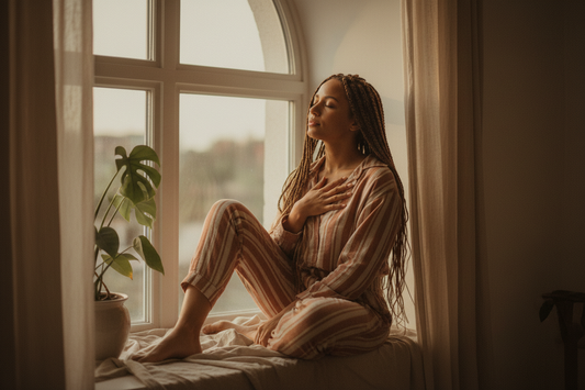 Gentle image of a woman resting peacefully on her window frame eyes closed with her hand to her heart..