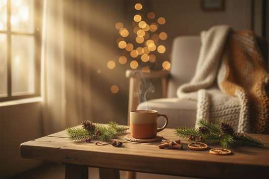 Cozy holiday scene with warm lighting, a mug, and natural greenery symbolizing peaceful holiday mindfulness.