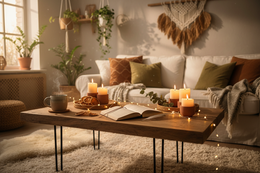 Our Sacred Pages Journal rests open on a wood table in a cozy living room with candles and fairy lights