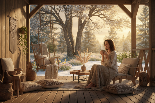 Woman enjoying a moment of self love. She sits in a beautiful reflective scene on her porch with a cup of tea
