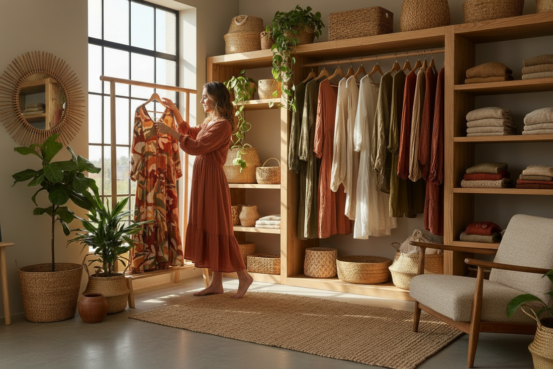 Brunette woman wears terracotta colored midi length dress with ruffle hemline. She stands at a warmly lit window beholding an earth toned printed dress.