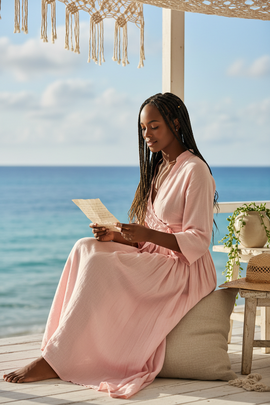 A beautiful black woman wears a pink dress and reads a thoughtful letter in quiet softness of the beach