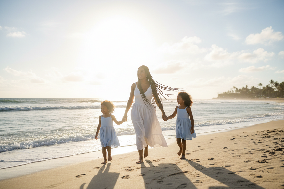A mother and her two children walk the beach holding hands