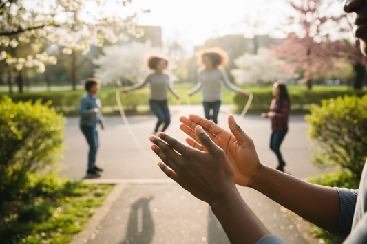 African American hands clapping in the spring time and teens skip double dutch rope.