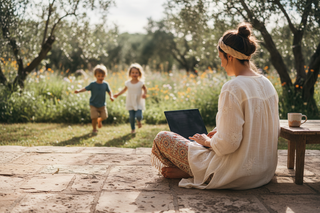 A mother reads emails while her children play