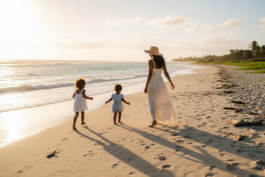 A mother and her children on the beach
