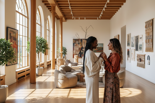 Women friends enjoy a moment of shared interest at an art exhibit