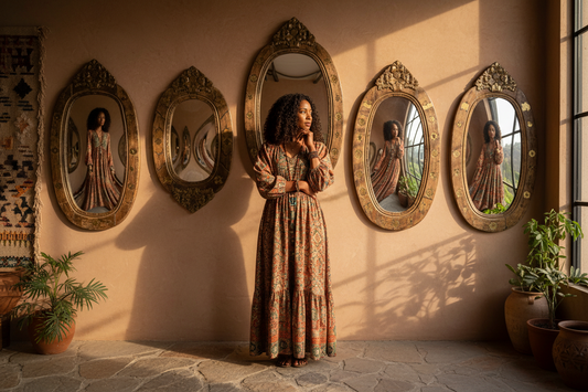 Black woman reflects standing in front of five fun house mirrors. Her reflection is manipulated