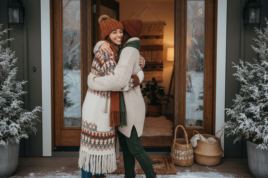 a winter scene of two young woman hugging in front of a cozy home entrance wearing cozy outfits and colorful sweaters
