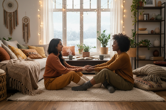 Two friends hold hands and smile in a cozy living space.