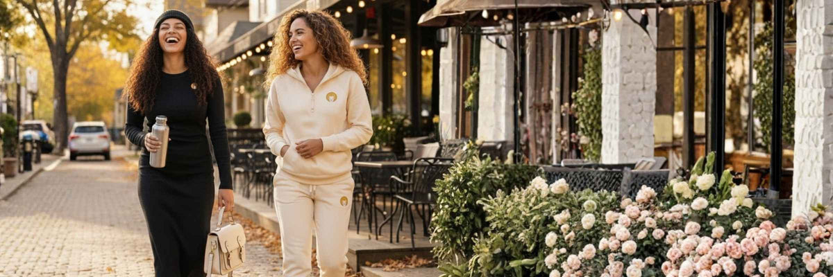 Woman meditates on the floor wearing her cozy Golden Crown Essential athleisure set in Tusk by Shop the Kei