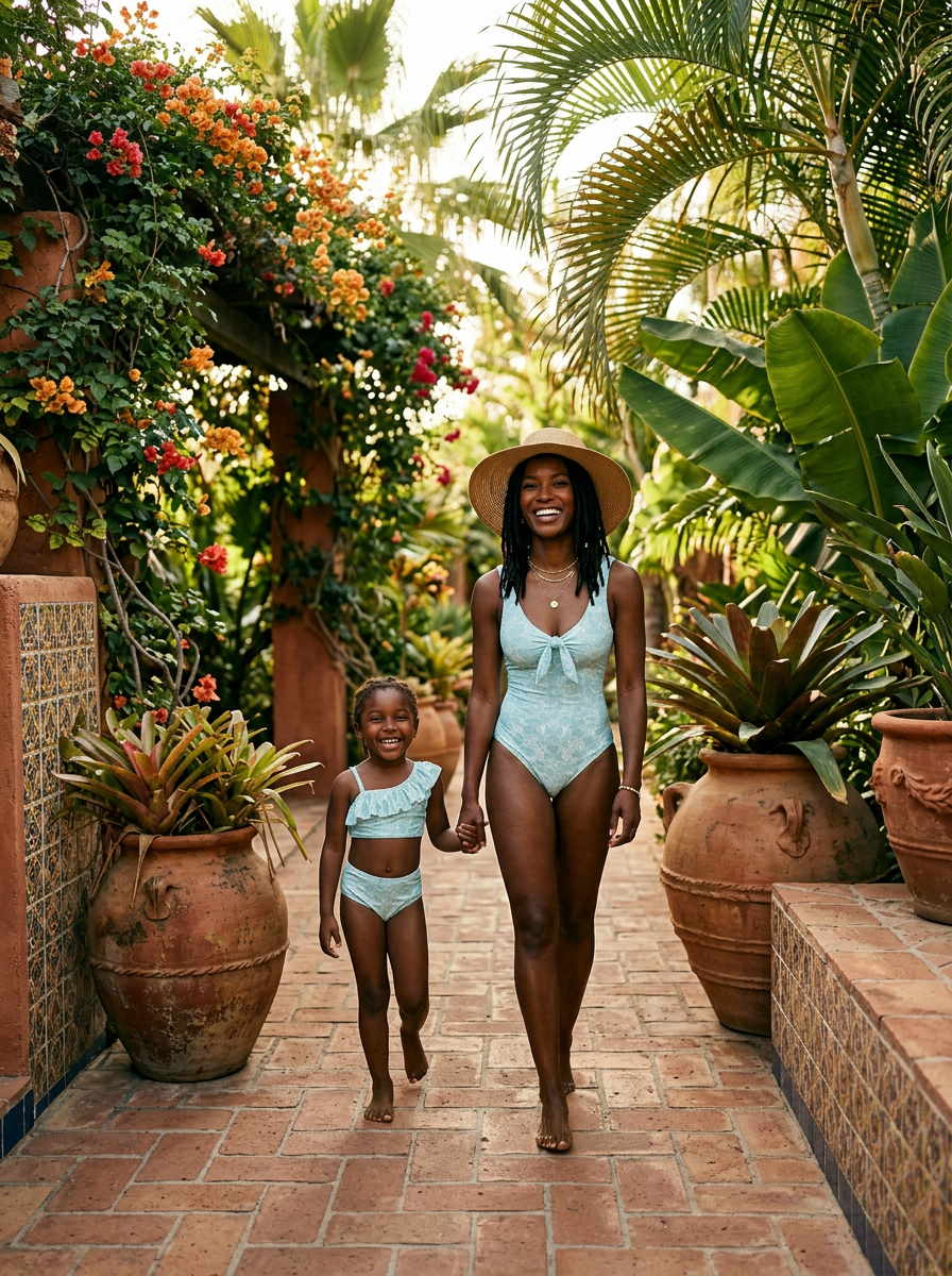 Mother wearing the Solara One Piece in Cenote print walking through a terracotta garden – Shop the Kei family swimwear