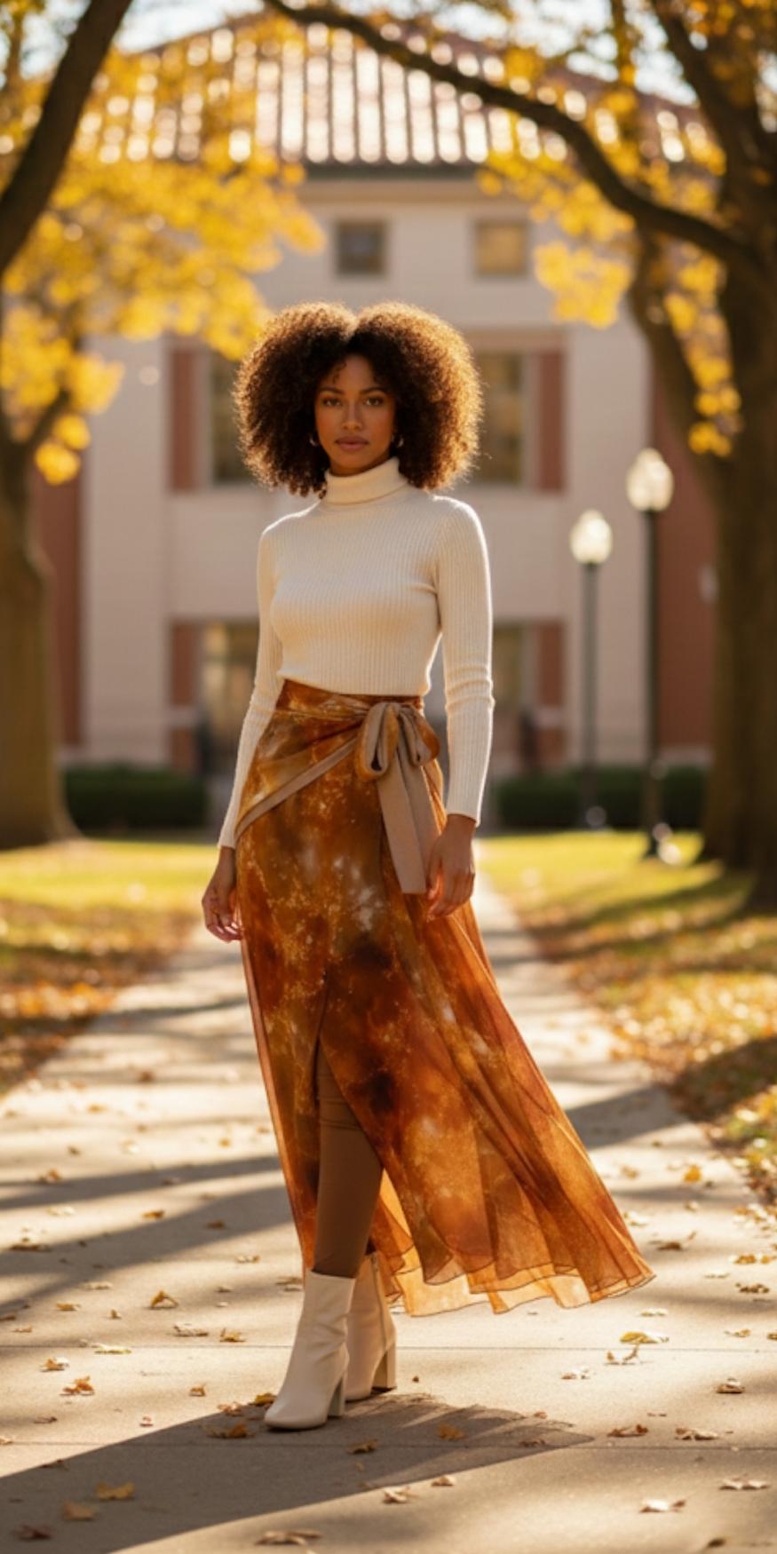 Woman in a long, patterned skirt and  ivory top standing on a path with trees and a building in the background.