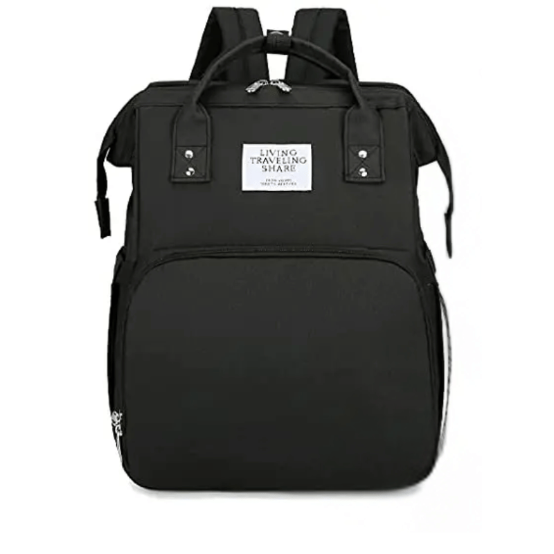 Black Lotus 3-in-1 Bassinet Diaper Bag with cream trim zippers, wide backpack straps, and multiple compartments for baby essentials. Partial canopy available
