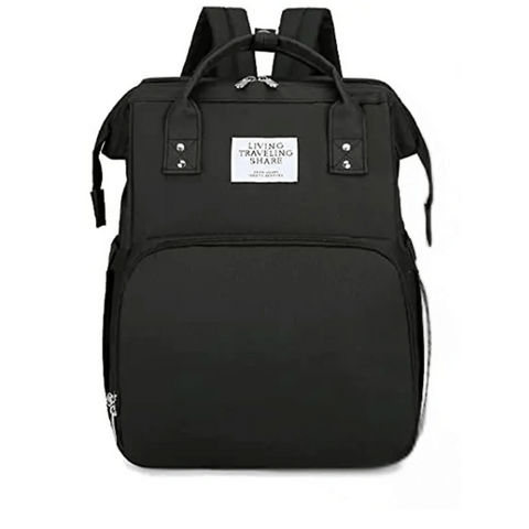 Black Lotus 3-in-1 Bassinet Diaper Bag with cream trim zippers, wide backpack straps, and multiple compartments for baby essentials. Partial canopy available