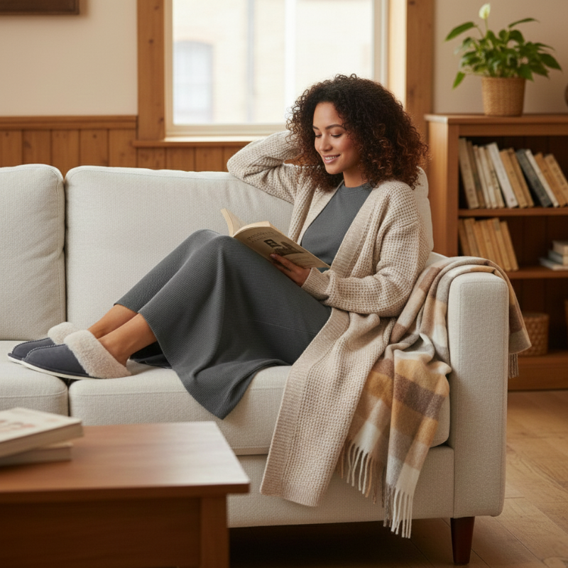 Woman reading a book on a couch in a cozy living room. Desert Plaid featured