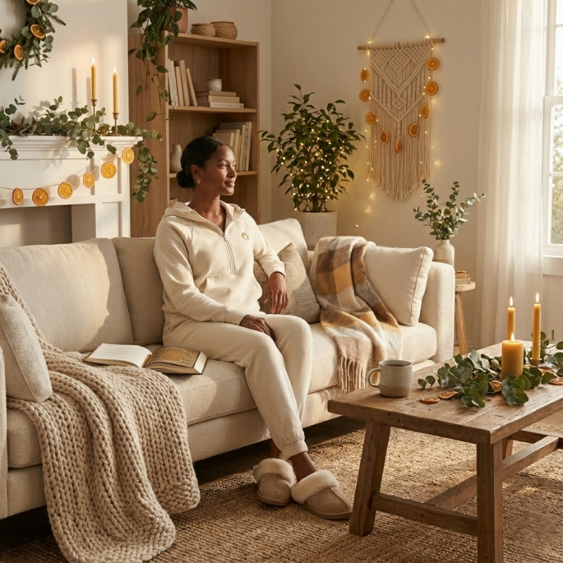 Woman sitting on a couch in a cozy living room with warm lighting and decorations.