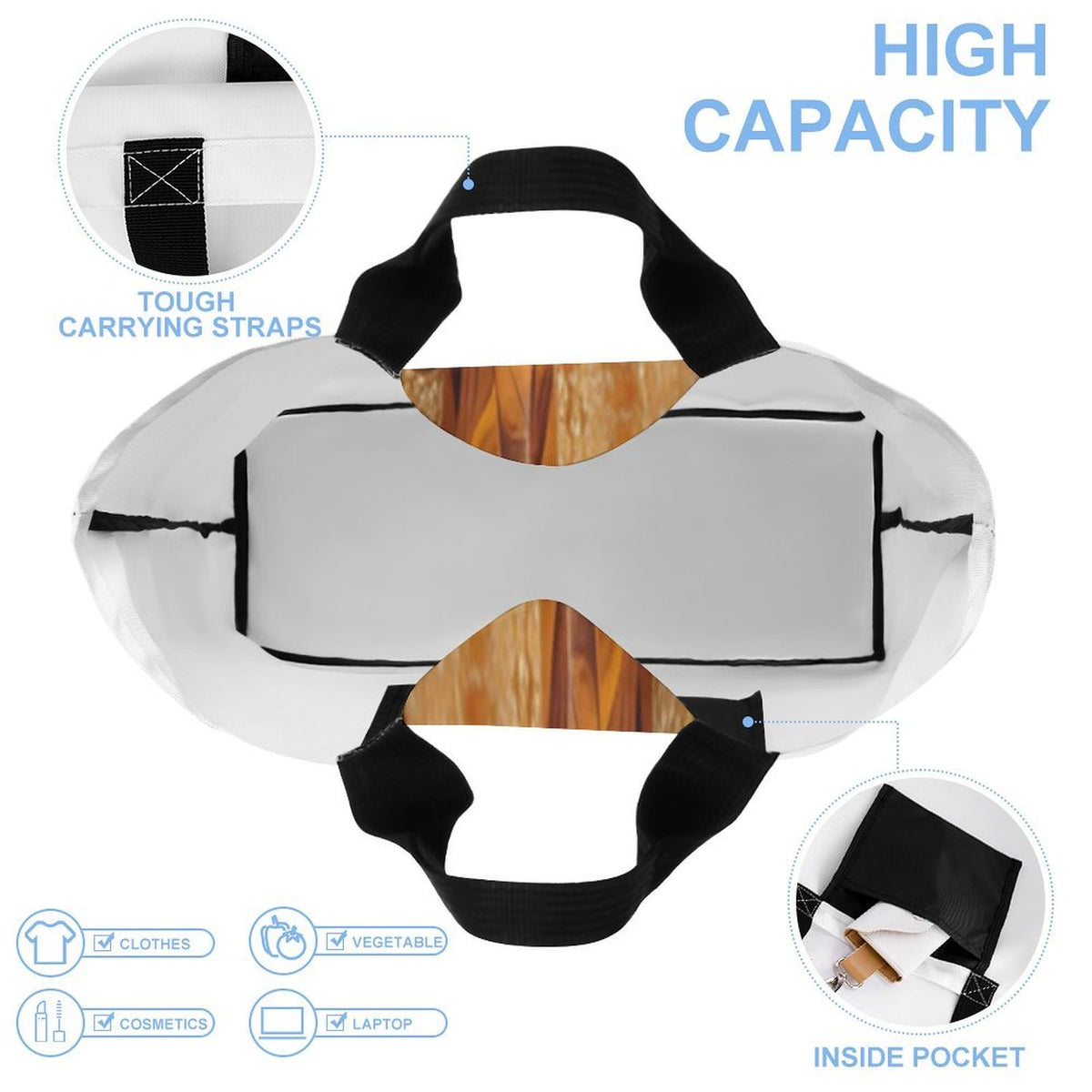 A white and black high-capacity carry bag with a wood-grain patterned interior, shown on a white background with feature callouts including 'HIGH CAPACITY', 'TOUGH CARRYING STRAPS', and 'INSIDE POCKET'.