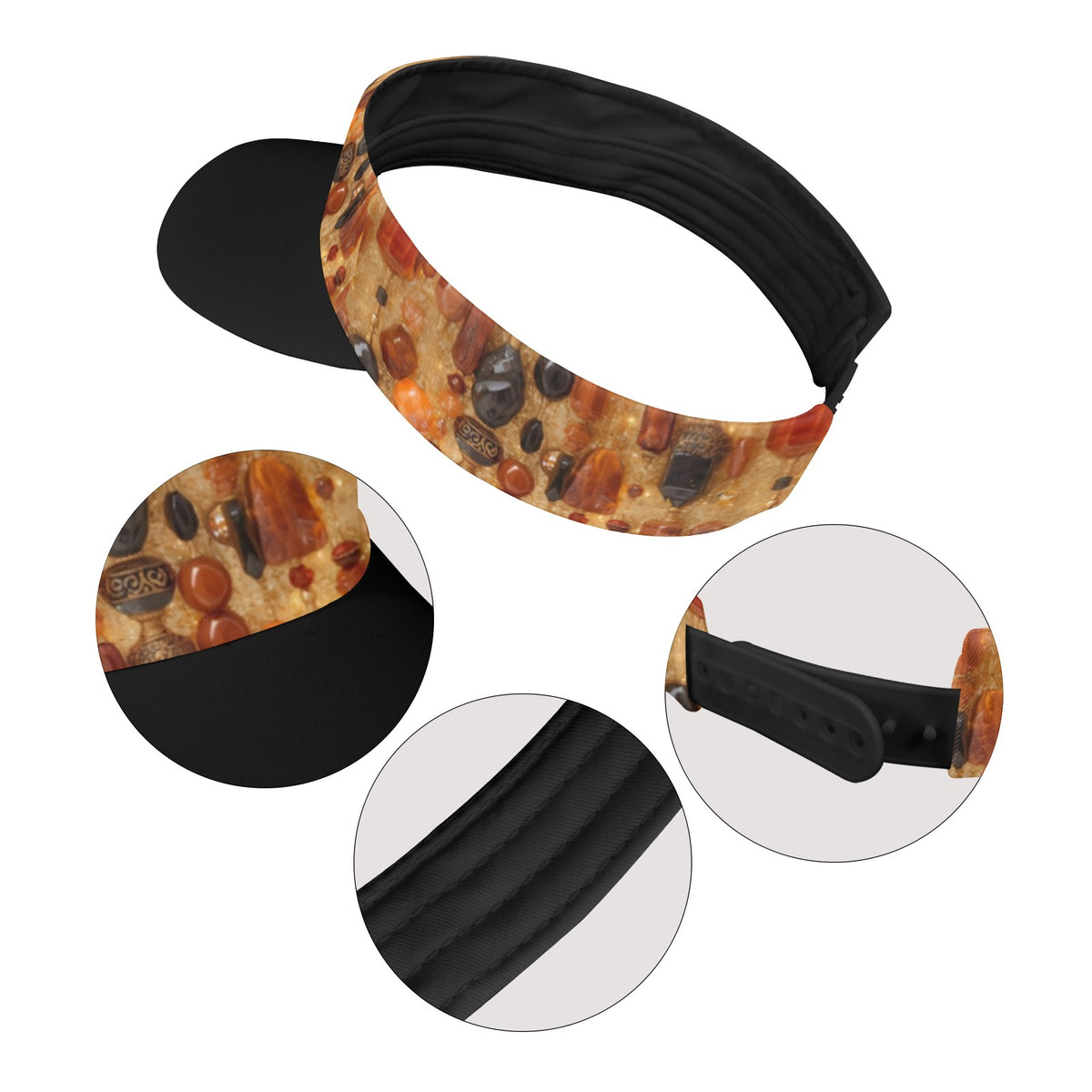 A black visor-style headband with a printed pizza-pattern band, shown on a white background with three circular detail insets highlighting the black brim, the printed fabric, and the adjustable black strap.