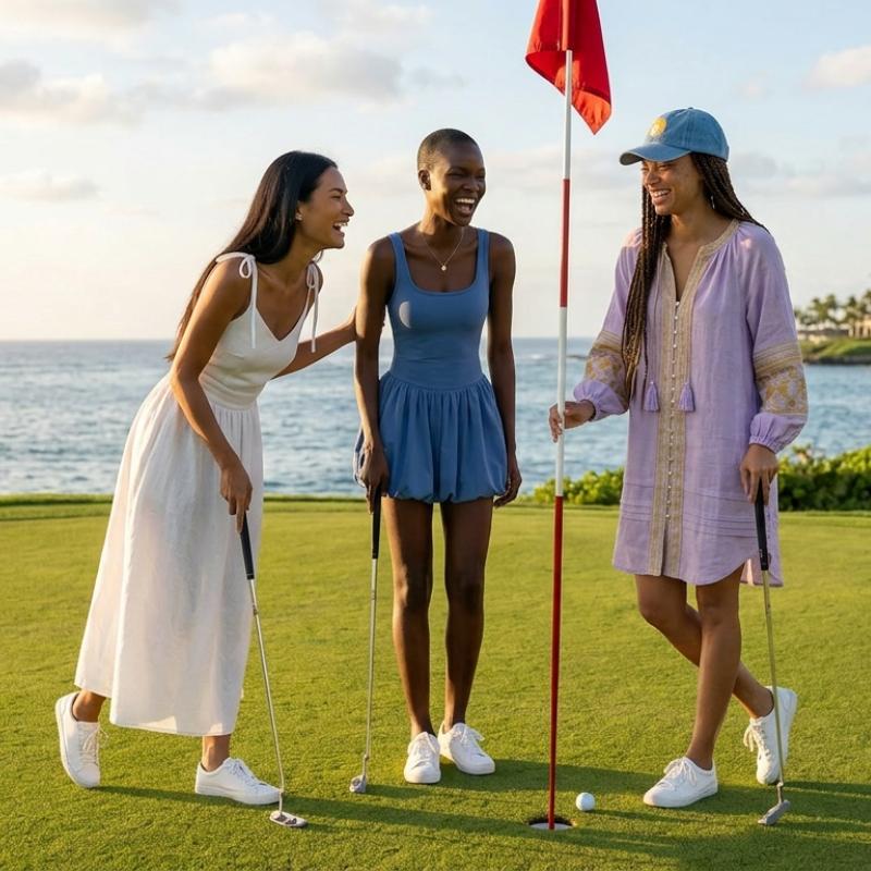 Three women on a golf course with ocean view