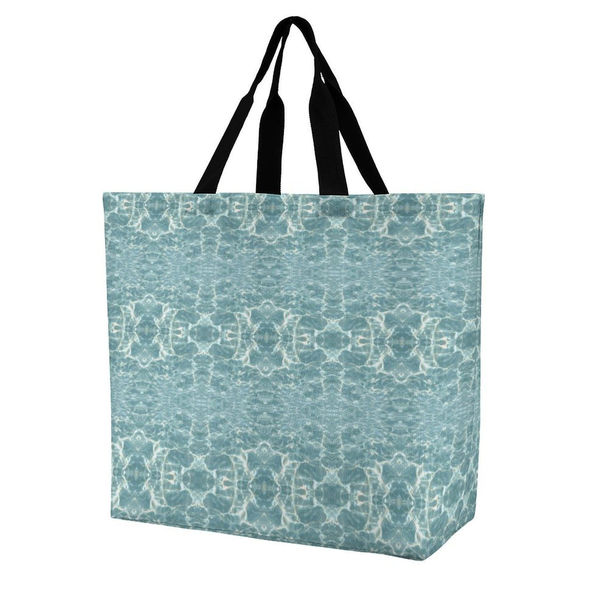 A large tote bag with a light blue and white geometric pattern, featuring black shoulder straps, shown against a plain white background.