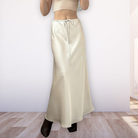 Bela Satin Maxi Skirt from Shop the Kei - flowing satin maxi skirt with drawstring waist and flare hem. Pairs well with tank tops and sandals