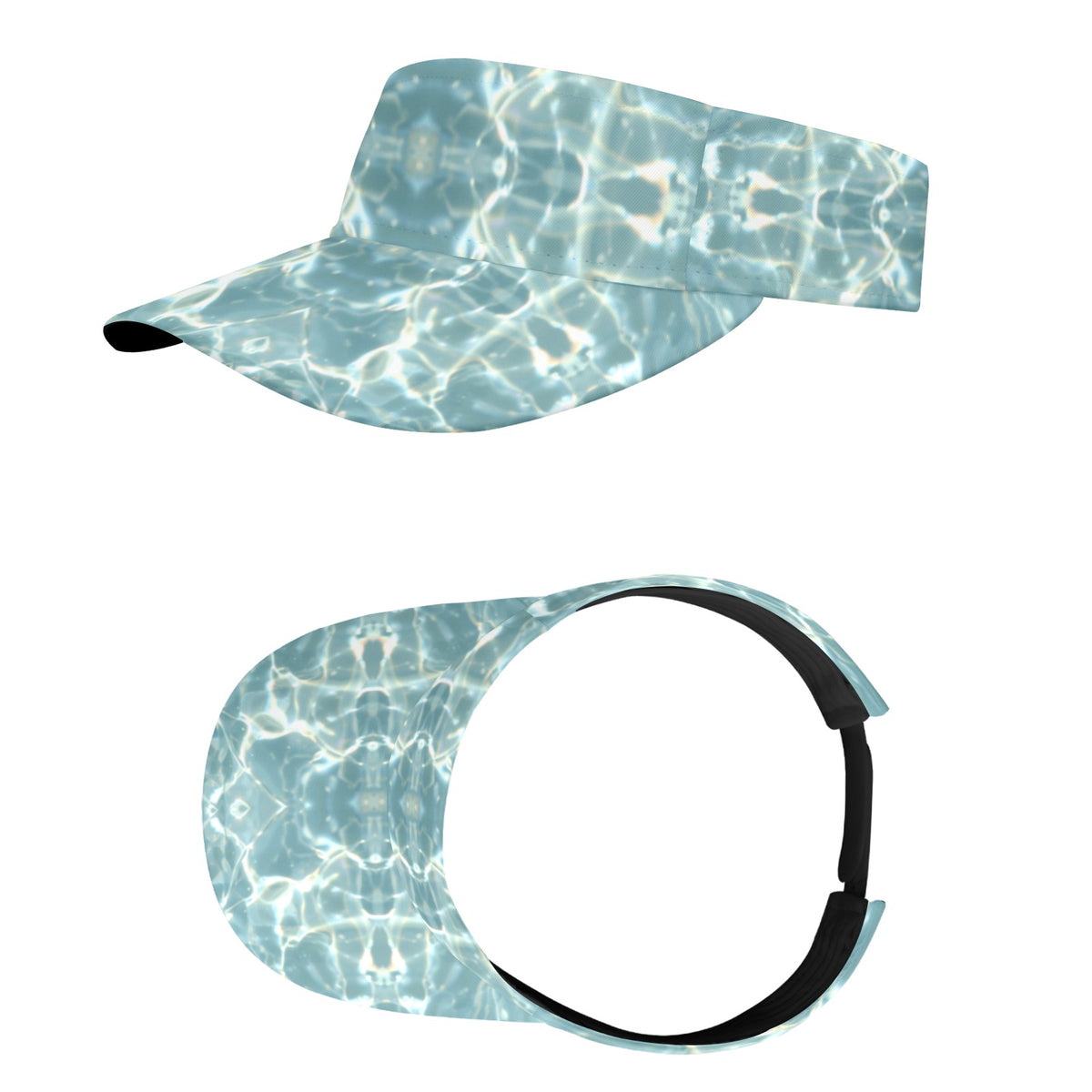 Two views of a visor hat with a blue water  pattern, shown on a plain white background.