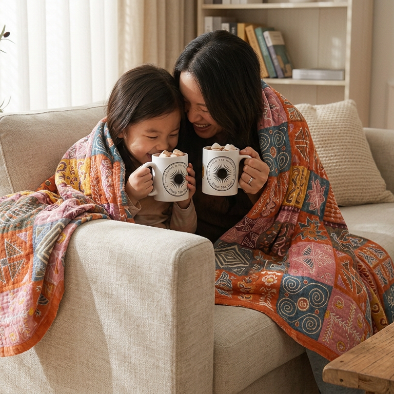 Mother and young daughter snuggled under a patchwork throw on a cream sofa, sipping hot cocoa from Inner Circle Mugs